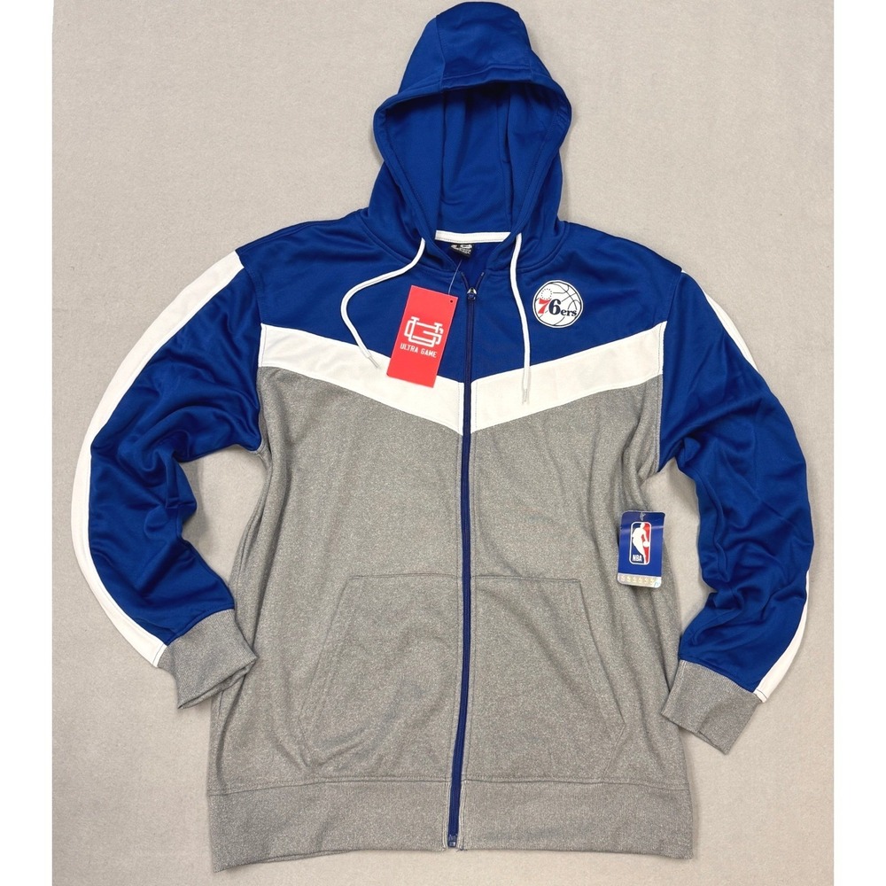 Philadelphia 76ers NBA Mens‎ Large Full Zip Hooded Jacket Royal Blue Grey NWT